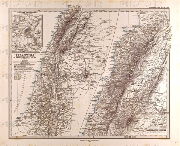 Israel, Palestine, Jerusalem Map Gotha, Justus Perthes, 1875, Atlas. Perthes, Johan Georg Justus 1749 Ã¢â‚¬â€ú 1816, German publisher, was born in Rudolstadt in 1749. In 1785 he founded at Gotha the business which bears his name, Justus Perthes. In this he was joined in 1814 by his son Wilhelm, 1793 Ã¢â‚¬â€ú 1853. He laid the foundation of the Geographical Branch of the business, for which it is chiefly famous, by publishing the and-Atlas (1817-1823) of Adolf Stieler (1775-1836). Wilhelm Perthes engaged the collaboration of the most eminent German geographers of the time, including Heinrich  Berghaus, Christian Gottlieb Reichard, Karl Spruler and Emil von Sydow. The business passed to his son Bernard Wilhelm Perthes (1821-1857). In 1863 the firm first issued the Almanach de Gotha, a statistical, Historical and genealogical Annual (in French) of the various countries of the world.
