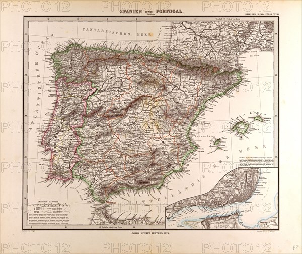 Spain and Portugal Map 1875 Gotha, Justus Perthes, 1872, Atlas. Perthes, Johan Georg Justus 1749 Ã¢â‚¬â€ú 1816, German publisher, was born in Rudolstadt in 1749. In 1785 he founded at Gotha the business which bears his name, Justus Perthes. In this he was joined in 1814 by his son Wilhelm, 1793 Ã¢â‚¬â€ú 1853. He laid the foundation of the Geographical Branch of the business, for which it is chiefly famous, by publishing the and-Atlas (1817-1823) of Adolf Stieler (1775-1836). Wilhelm Perthes engaged the collaboration of the most eminent German geographers of the time, including Heinrich  Berghaus, Christian Gottlieb Reichard, Karl Spruler and Emil von Sydow. The business passed to his son Bernard Wilhelm Perthes (1821-1857). In 1863 the firm first issued the Almanach de Gotha, a statistical, Historical and genealogical Annual (in French) of the various countries of the world.