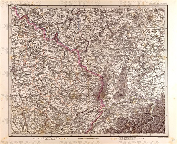France map 1874 Gotha, Justus Perthes, 1872, Atlas. Perthes, Johan Georg Justus 1749 Ã¢â‚¬â€ú 1816, German publisher, was born in Rudolstadt in 1749. In 1785 he founded at Gotha the business which bears his name, Justus Perthes. In this he was joined in 1814 by his son Wilhelm, 1793 Ã¢â‚¬â€ú 1853. He laid the foundation of the Geographical Branch of the business, for which it is chiefly famous, by publishing the and-Atlas (1817-1823) of Adolf Stieler (1775-1836). Wilhelm Perthes engaged the collaboration of the most eminent German geographers of the time, including Heinrich  Berghaus, Christian Gottlieb Reichard, Karl Spruler and Emil von Sydow. The business passed to his son Bernard Wilhelm Perthes (1821-1857). In 1863 the firm first issued the Almanach de Gotha, a statistical, Historical and genealogical Annual (in French) of the various countries of the world.