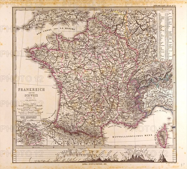 France map 1874 Gotha, Justus Perthes, 1872, Atlas. Perthes, Johan Georg Justus 1749 Ã¢â‚¬â€ú 1816, German publisher, was born in Rudolstadt in 1749. In 1785 he founded at Gotha the business which bears his name, Justus Perthes. In this he was joined in 1814 by his son Wilhelm, 1793 Ã¢â‚¬â€ú 1853. He laid the foundation of the Geographical Branch of the business, for which it is chiefly famous, by publishing the and-Atlas (1817-1823) of Adolf Stieler (1775-1836). Wilhelm Perthes engaged the collaboration of the most eminent German geographers of the time, including Heinrich  Berghaus, Christian Gottlieb Reichard, Karl Spruler and Emil von Sydow. The business passed to his son Bernard Wilhelm Perthes (1821-1857). In 1863 the firm first issued the Almanach de Gotha, a statistical, Historical and genealogical Annual (in French) of the various countries of the world.