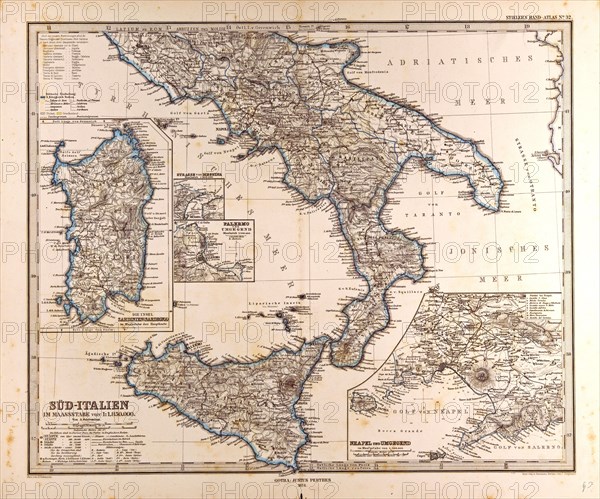 South Italy Map Gotha, Justus Perthes, 1872, Atlas. Perthes, Johan Georg Justus 1749 Ã¢â‚¬â€ú 1816, German publisher, was born in Rudolstadt in 1749. In 1785 he founded at Gotha the business which bears his name, Justus Perthes. In this he was joined in 1814 by his son Wilhelm, 1793 Ã¢â‚¬â€ú 1853. He laid the foundation of the Geographical Branch of the business, for which it is chiefly famous, by publishing the and-Atlas (1817-1823) of Adolf Stieler (1775-1836). Wilhelm Perthes engaged the collaboration of the most eminent German geographers of the time, including Heinrich  Berghaus, Christian Gottlieb Reichard, Karl Spruler and Emil von Sydow. The business passed to his son Bernard Wilhelm Perthes (1821-1857). In 1863 the firm first issued the Almanach de Gotha, a statistical, Historical and genealogical Annual (in French) of the various countries of the world.