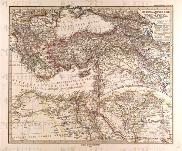 Mediterranean Sea Map 1872 Gotha, Justus Perthes, 1872, Atlas. Perthes, Johan Georg Justus 1749 Ã¢â‚¬â€ú 1816, German publisher, was born in Rudolstadt in 1749. In 1785 he founded at Gotha the business which bears his name, Justus Perthes. In this he was joined in 1814 by his son Wilhelm, 1793 Ã¢â‚¬â€ú 1853. He laid the foundation of the Geographical Branch of the business, for which it is chiefly famous, by publishing the and-Atlas (1817-1823) of Adolf Stieler (1775-1836). Wilhelm Perthes engaged the collaboration of the most eminent German geographers of the time, including Heinrich  Berghaus, Christian Gottlieb Reichard, Karl Spruler and Emil von Sydow. The business passed to his son Bernard Wilhelm Perthes (1821-1857). In 1863 the firm first issued the Almanach de Gotha, a statistical, Historical and genealogical Annual (in French) of the various countries of the world.