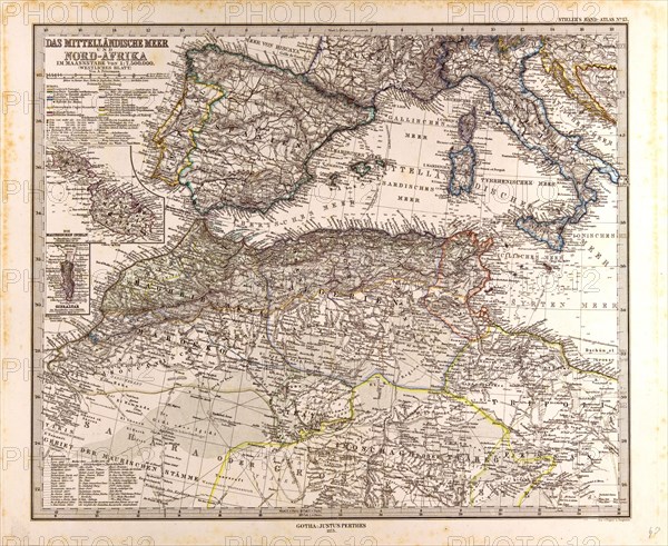 Mediterranean Sea Map Gotha, Justus Perthes, 1872, Atlas. Perthes, Johan Georg Justus 1749 Ã¢â‚¬â€ú 1816, German publisher, was born in Rudolstadt in 1749. In 1785 he founded at Gotha the business which bears his name, Justus Perthes. In this he was joined in 1814 by his son Wilhelm, 1793 Ã¢â‚¬â€ú 1853. He laid the foundation of the Geographical Branch of the business, for which it is chiefly famous, by publishing the and-Atlas (1817-1823) of Adolf Stieler (1775-1836). Wilhelm Perthes engaged the collaboration of the most eminent German geographers of the time, including Heinrich  Berghaus, Christian Gottlieb Reichard, Karl Spruler and Emil von Sydow. The business passed to his son Bernard Wilhelm Perthes (1821-1857). In 1863 the firm first issued the Almanach de Gotha, a statistical, Historical and genealogical Annual (in French) of the various countries of the world.