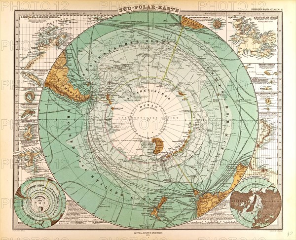 South Pole Map Gotha, Justus Perthes, 1872, Atlas. Perthes, Johan Georg Justus 1749 Ã¢â‚¬â€ú 1816, German publisher, was born in Rudolstadt in 1749. In 1785 he founded at Gotha the business which bears his name, Justus Perthes. In this he was joined in 1814 by his son Wilhelm, 1793 Ã¢â‚¬â€ú 1853. He laid the foundation of the Geographical Branch of the business, for which it is chiefly famous, by publishing the and-Atlas (1817-1823) of Adolf Stieler (1775-1836). Wilhelm Perthes engaged the collaboration of the most eminent German geographers of the time, including Heinrich  Berghaus, Christian Gottlieb Reichard, Karl Spruler and Emil von Sydow. The business passed to his son Bernard Wilhelm Perthes (1821-1857). In 1863 the firm first issued the Almanach de Gotha, a statistical, Historical and genealogical Annual (in French) of the various countries of the world.