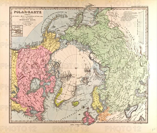 Polar Map  Gotha, Justus Perthes, 1872, Atlas. Perthes, Johan Georg Justus 1749 Ã¢â‚¬â€ú 1816, German publisher, was born in Rudolstadt in 1749. In 1785 he founded at Gotha the business which bears his name, Justus Perthes. In this he was joined in 1814 by his son Wilhelm, 1793 Ã¢â‚¬â€ú 1853. He laid the foundation of the Geographical Branch of the business, for which it is chiefly famous, by publishing the and-Atlas (1817-1823) of Adolf Stieler (1775-1836). Wilhelm Perthes engaged the collaboration of the most eminent German geographers of the time, including Heinrich  Berghaus, Christian Gottlieb Reichard, Karl Spruler and Emil von Sydow. The business passed to his son Bernard Wilhelm Perthes (1821-1857). In 1863 the firm first issued the Almanach de Gotha, a statistical, Historical and genealogical Annual (in French) of the various countries of the world.