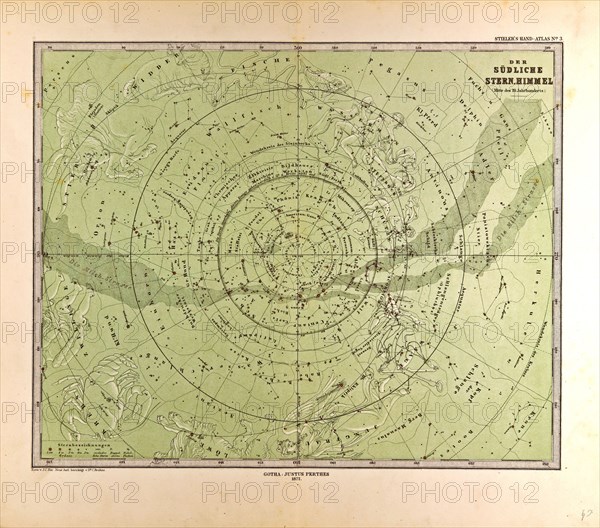 Southern Star Sky  Gotha, Justus Perthes, 1872, Atlas. Perthes, Johan Georg Justus 1749 Ã¢â‚¬â€ú 1816, German publisher, was born in Rudolstadt in 1749. In 1785 he founded at Gotha the business which bears his name, Justus Perthes. In this he was joined in 1814 by his son Wilhelm, 1793 Ã¢â‚¬â€ú 1853. He laid the foundation of the Geographical Branch of the business, for which it is chiefly famous, by publishing the and-Atlas (1817-1823) of Adolf Stieler (1775-1836). Wilhelm Perthes engaged the collaboration of the most eminent German geographers of the time, including Heinrich  Berghaus, Christian Gottlieb Reichard, Karl Spruler and Emil von Sydow. The business passed to his son Bernard Wilhelm Perthes (1821-1857). In 1863 the firm first issued the Almanach de Gotha, a statistical, Historical and genealogical Annual (in French) of the various countries of the world.