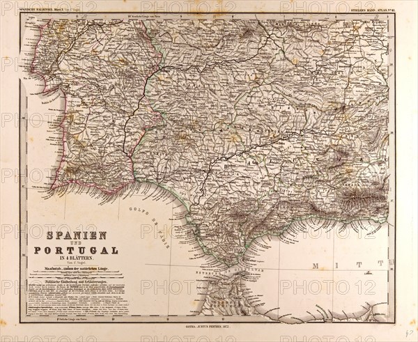 Spain Portugal Map Gotha, Justus Perthes, 1872, Atlas. Perthes, Johan Georg Justus 1749 Ã¢â‚¬â€ú 1816, German publisher, was born in Rudolstadt in 1749. In 1785 he founded at Gotha the business which bears his name, Justus Perthes. In this he was joined in 1814 by his son Wilhelm, 1793 Ã¢â‚¬â€ú 1853. He laid the foundation of the Geographical Branch of the business, for which it is chiefly famous, by publishing the and-Atlas (1817-1823) of Adolf Stieler (1775-1836). Wilhelm Perthes engaged the collaboration of the most eminent German geographers of the time, including Heinrich  Berghaus, Christian Gottlieb Reichard, Karl Spruler and Emil von Sydow. The business passed to his son Bernard Wilhelm Perthes (1821-1857). In 1863 the firm first issued the Almanach de Gotha, a statistical, Historical and genealogical Annual (in French) of the various countries of the world.