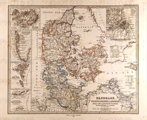 Danmark Map 1872 Gotha Justus Perthes Atlas  Gotha, Justus Perthes, 1872, Atlas. Perthes, Johan Georg Justus 1749 Ã¢â‚¬â€ú 1816, German publisher, was born in Rudolstadt in 1749. In 1785 he founded at Gotha the business which bears his name, Justus Perthes. In this he was joined in 1814 by his son Wilhelm, 1793 Ã¢â‚¬â€ú 1853. He laid the foundation of the Geographical Branch of the business, for which it is chiefly famous, by publishing the and-Atlas (1817-1823) of Adolf Stieler (1775-1836). Wilhelm Perthes engaged the collaboration of the most eminent German geographers of the time, including Heinrich  Berghaus, Christian Gottlieb Reichard, Karl Spruler and Emil von Sydow. The business passed to his son Bernard Wilhelm Perthes (1821-1857). In 1863 the firm first issued the Almanach de Gotha, a statistical, Historical and genealogical Annual (in French) of the various countries of the world.