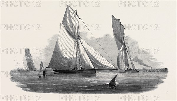 VIXEN, BELVIDERE, PRIMA DONNA, BLUE BELLE; THAMES YACHT CLUB MATCH, PRIMA DONNA ROUNDING THE BUOY AT ERITH, DRAWN BY N.M. CONDY, ESQ