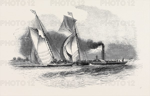 R.T.Y.C. MATCH, DRAWN BY N.M. CONDY. ESQ., THE "ANTAGONIST" AND "MYSTERY" TOWED OFF BY THE WATERMAN STEAMER