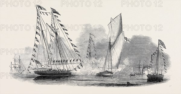 RECEPTION OF HER MAJESTY BY THE ROYAL YACHT SQUADRON, DRAWN BY N.M. CONDY, ESQ.; SWEDISH BARK, ESMERALDA, ROSE, GANYMEDE, LADY JANE