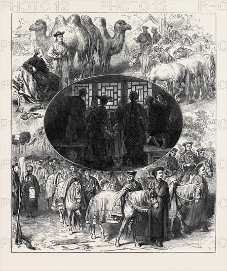 THE CHINESE IMPERIAL MARRIAGE AT PEKIN: HORSES AND CAMELS PRESENTED TO THE EMPEROR. HOW THE CHINESE SAW THE BRIDAL PROCESSION. LED HORSES IN THE BRIDAL PROCESSION., 1873