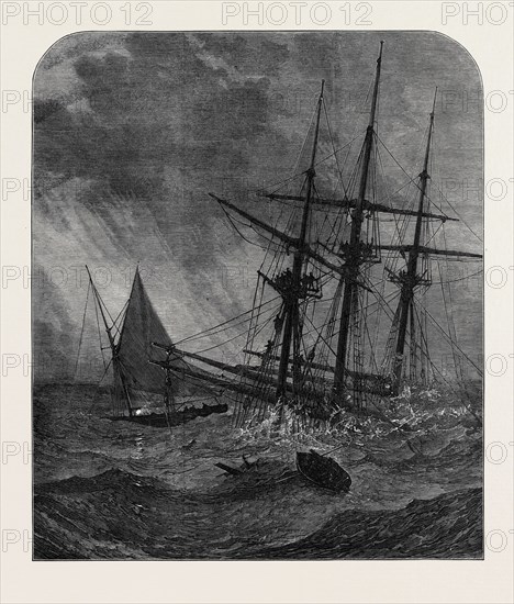 THE DISASTER IN THE CHANNEL: CUTTER'S BOAT TAKING SURVIVORS FROM THE RIGGING OF THE NORTHFLEET, 1873