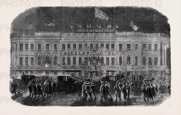 AUCKLAND HOTEL (HALL OF ALL NATIONS), CALCUTTA, FROM A PHOTOGRAPH BY MR. JAMES MANDY, PROCLAMATION OF THE QUEEN'S RULE IN INDIA, THE ILLUMINATIONS