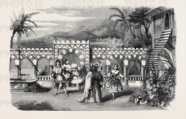 THE GARDENS OF THE PALACE OF THE DEY OF ALGIERS, A SCENE FROM "ASMODEUS; OR, THE DEVIL ON TWO STICKS," AT THE NEW ADELPHI THEATRE