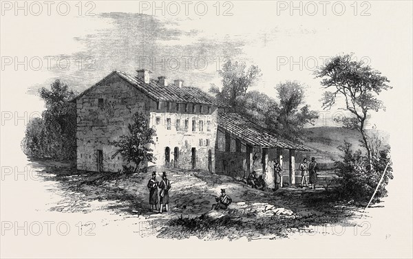 THE WAR IN ITALY, AUSTRIAN POST NEAR THE RAILWAY BRIDGE AT VALENZA, FROM A SKETCH BY M. BEAUCE
