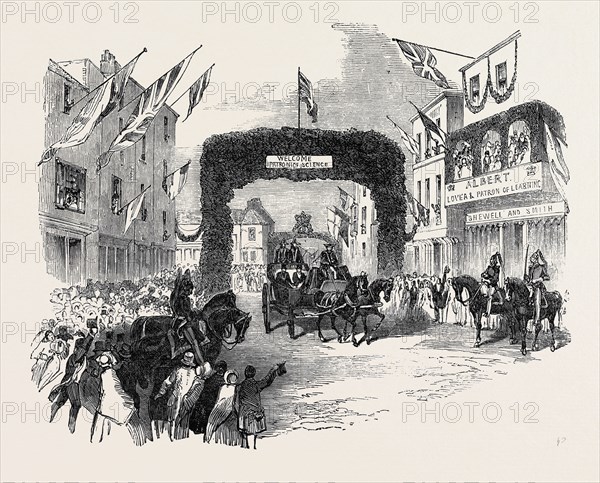 TRIUMPHAL ARCH IN TAVERN-STREET, IPSWICH, PRINCE ALBERT VISITING THE SECTIONS, MEETING OF THE BRITISH ASSOCIATION AT IPSWICH