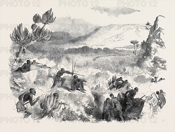 THE WAR IN KAFFRARIA, KAFFIRS ATTACKING INFANTRY IN KEISKAMMA GORGE