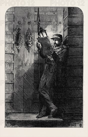 THE REVOLUTION IN SPAIN: SENTINEL READING THE NEWS AT MIDNIGHT, 1869