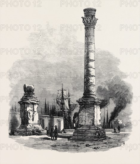 THE NEW OVERLAND ROUTE TO INDIA: THE TWO COLUMNS AT BRINDISI, MARKING THE TERMINUS OF THE APPIAN WAY, 1869