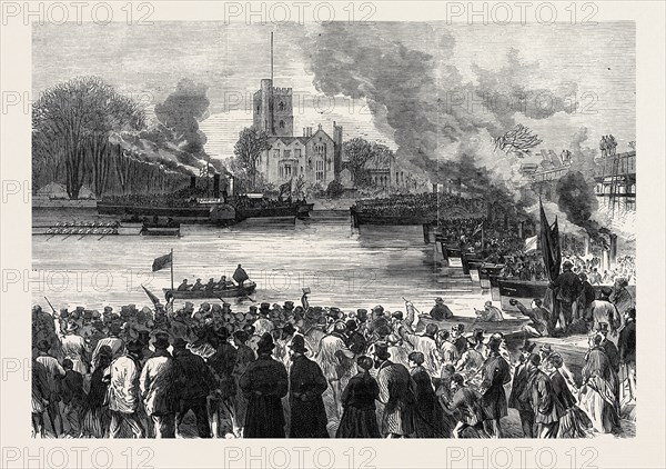 OXFORD AND CAMBRIDGE UNIVERSITIES BOAT RACE: THE START FROM PUTNEY, LONDON, UK, 1869