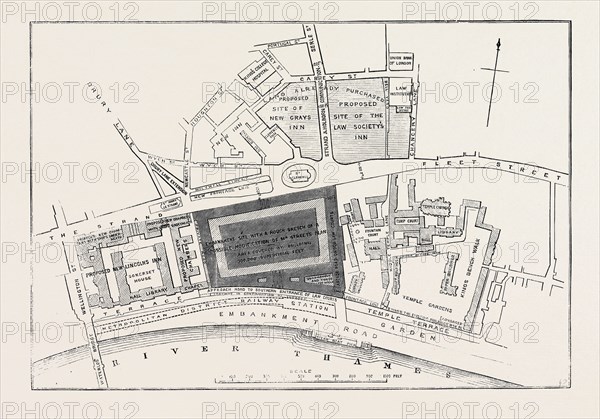PROPOSED SITES FOR THE NEW LAW COURTS: PLAN OF MR. F. SHIELDS FOR A NEW APPROACH TO THE CAREY STREET SITE, LONDON, 1869, UK