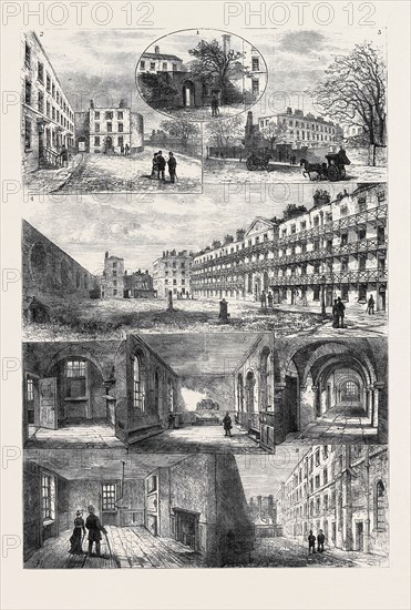 THE QUEEN'S BENCH PRISON: 1. Entrance Gateway to Governor's House; 2. Courtyard and Governor's House; 3. Entrance from Southwark Bridge road; 4. Front of Prison and Racquet Court; 5. One of the Rooms; 6. Chapel. 7. Corridor; 8. Room in which Lord George Gordon was imprisoned; 9. Poor Debtor's side of Prison; 1880