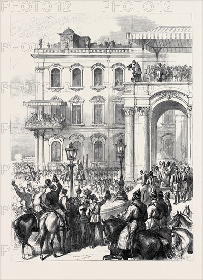 THE EMPEROR OF RUSSIA BOWING TO THE PEOPLE FROM THE SOLTYKOFF BALCONY OF THE WINTER, ST. PETERSBURG, 1880