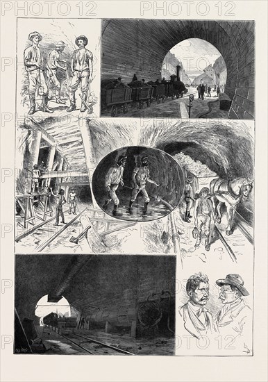 IN THE ST. GOTHARD TUNNEL: The upper Illustration, a view of the tunnel's mouth, is taken at GÃ¶schenen, the north end. A view of the south end, at Airolo, is given at the bottom of this page. Groups of workmen, variously employed, and the portraits of Neccaraviglia and Chisso, who perforated and blasted the last hole, from opposite sides, are represented in the other Sketches., 1880