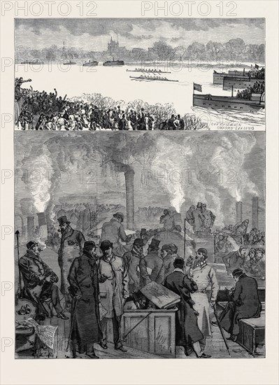 THE OXFORD AND CAMBRIDGE BOAT RACE: THE PRESS BOAT IN A FOG ON SATURDAY MORNING, AND THE RACE POSTPONED. THE RACE ON MONDAY MORNING, 1880