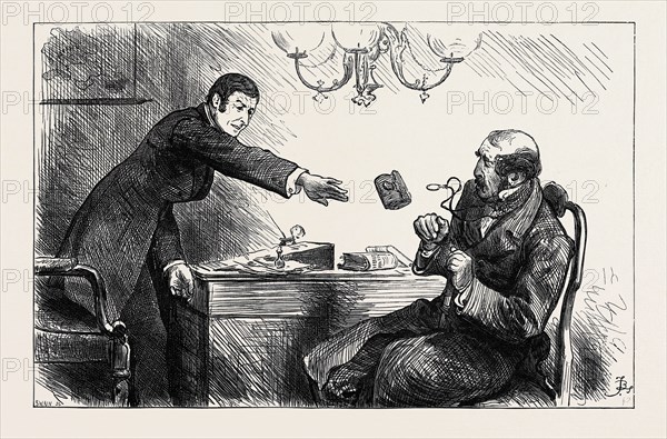 "The usurer, however, chucked him scornfully an old pocket-book with a ten-pound note inside, saying. 'There 's your own money back again, with interest, Magpie!'", 1880