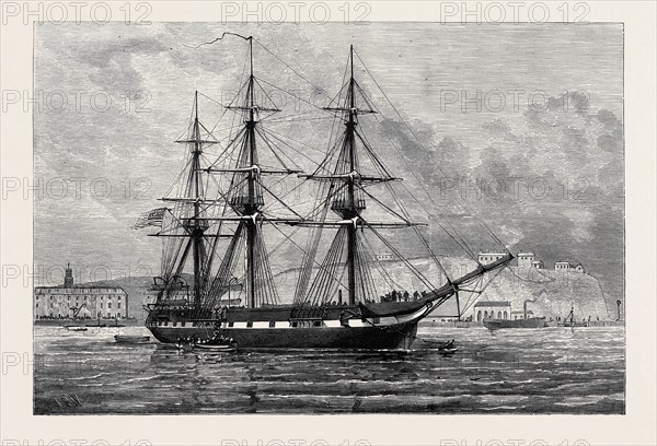THE UNITED STATES FRIGATE CONSTELLATION WITH RELIEF STORES FOR IRISH DISTRESS OFF HAULBOWLINE, IN CORK HARBOUR, 1880