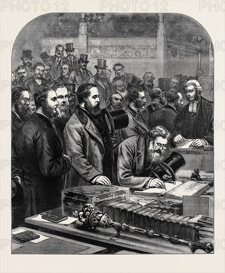 THE NEW HOUSE OF COMMONS: MEMBERS SIGNING THE ROLL OF PARLIAMENT, 1880