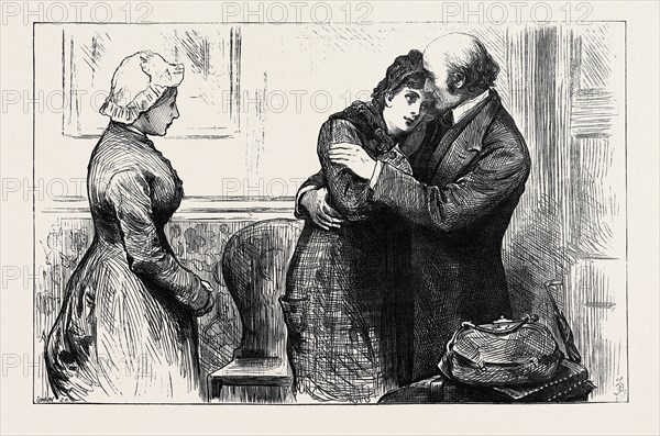 "Then she packed up such few things as she wanted, and kissed her father, with her prim little black silk bonnet on, ready to start.", 1880
