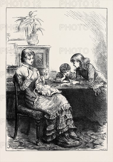 "She had made her sisters' pinafores when they were younger; now she cut out their bonnets and dresses, turning her nimble fingers to anything.", 1880