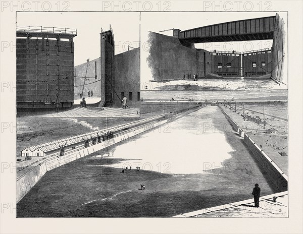 THE ROYAL VICTORIA AND ALBERT DOCKS, NORTH WOOLWICH: 1. Entrance-Lock Gates.; 2. Manor Way Passage, showing Swing Bridge.; 3. General View of New Royal Albert Dock.; 1880