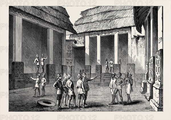 THE ASHANTEE WAR: INTERIOR OF THE ADANSI CHIEF'S PALACE AT FOMANNAH: ENGLISH OFFICERS SELECTING QUARTERS, 1874