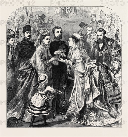 ARRIVAL OF THE DUKE AND DUCHESS OF EDINBURGH AT GRAVESEND: MISS LAKE PRESENTING A BOUQUET TO THE BRIDE, 1874