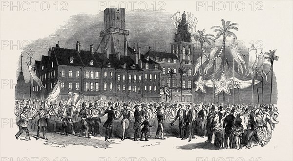 FETE AT CALAIS, MUSICAL PROCESSION IN THE GRANDE PLACE, 1852