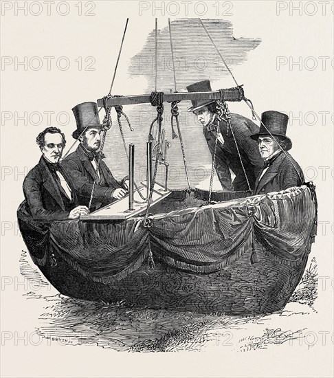 SCIENTIFIC BALLOON ASCENT FROM VAUXHALL GARDENS, LONDON, 1852; MR. NICKLIN (LEFT), MR. WELSH (SECOND FROM LEFT), MR. ADIE (SECOND FROM RIGHT), MR. GREEN (RIGHT)