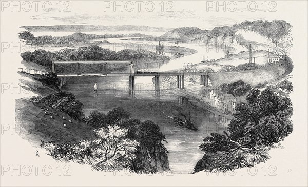 SOUTH WALES RAILWAY, THE CHEPSTOW TUBULAR SUSPENSION BRIDGE, AND JUNCTION OF THE WYE AND SEVERN RIVERS, 1852; OPENING OF THE CHEPSTOW BRIDGE