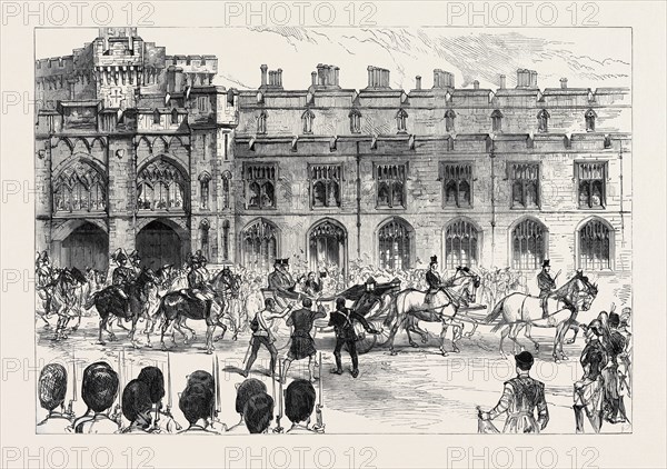 THE ROYAL WEDDING AT WINDSOR: DEPARTURE OF THE BRIDE AND BRIDEGROOM FOR CLAREMONT, 1879