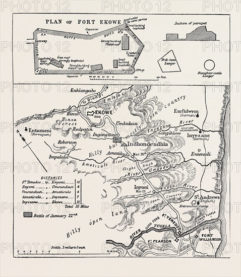 MAP OF LORD CHELMSFORD'S ROUTE TO THE RELIEF OF EKOWE, AND PLAN OF THE FORT, 1879