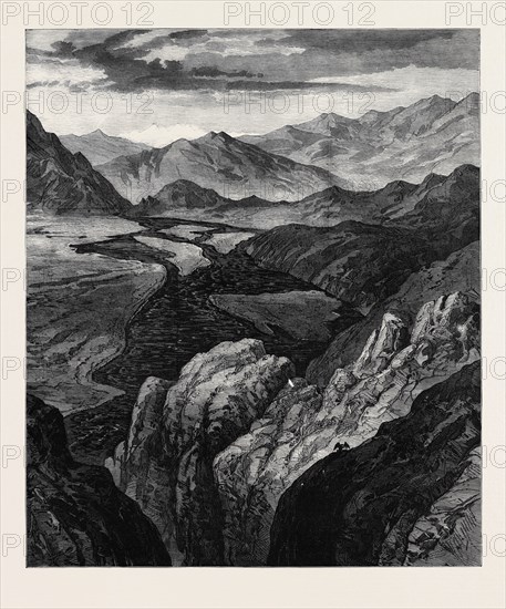 AFGHANISTAN: THE CABUL RIVER: GORGE WHERE IT ENTERS THE PLAIN OF JELLALABAD, THE HINDOO KOOSH IN THE DISTANCE, 1879