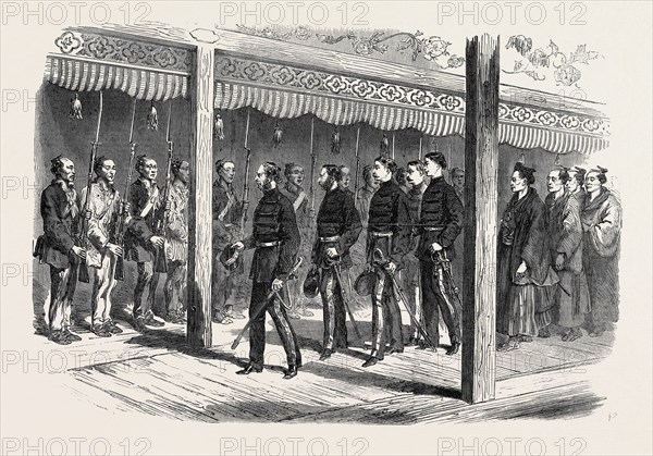 A VISIT TO THE TYCOON OF JAPAN: SIR HARRY PARKES AND SUITE, IN THE VESTIBULE OF THE PALACE AT OSAKA, GOING TO VISIT THE TYCOON, 1867