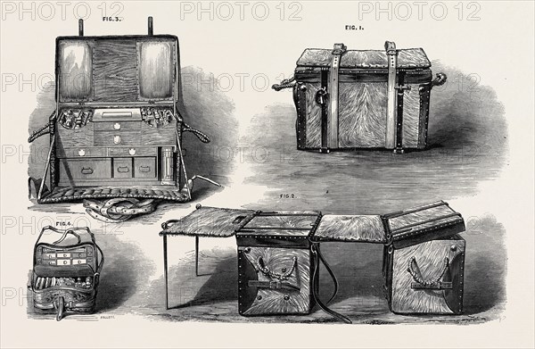 THE PARIS INTERNATIONAL EXHIBITION: BRITISH MEDICINE PANNIERS: 1. MEDICINE PANNIER PACKED FOR TRAVELLING 2. TWO MEDICINE PANNIERS FORMING AN OPERATING TABLE 3. MEDICINE PANNIER OPEN 4. MEDICAL FIELD COMPANION, FRANCE, 1867