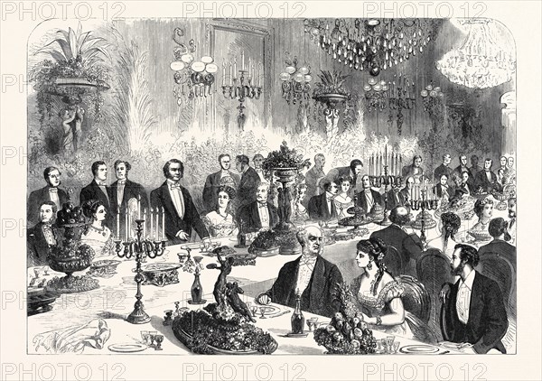BANQUET GIVEN TO THE IMPERIAL COMMISSIONERS OF THE PARIS EXHIBITION BY THE FOREIGN COMMISSIONERS IN THE HOTEL DU LOUVRE, FRANCE, 1867