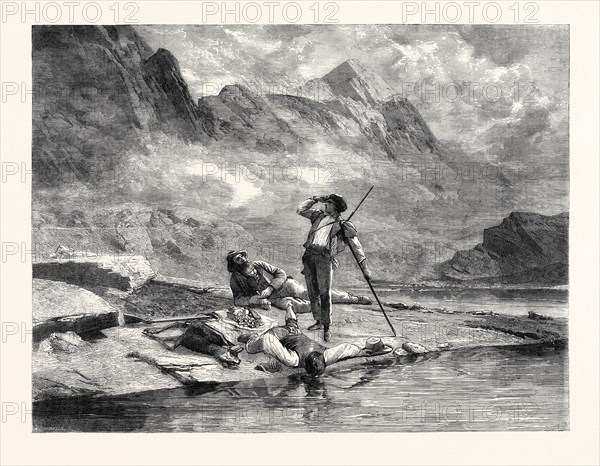 THE INTERNATIONAL EXHIBITION: "CHAMOIS HUNTERS REPOSING," BY A. IE MEURON, 1862