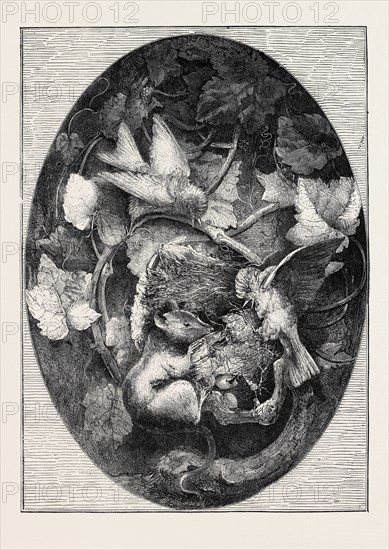 THE INTERNATIONAL EXHIBITION: "LINNETS DEFENDING THEIR NEST AGAINST A DORMOUSE" MODELLED IN WAX BY A. CAIN, 1862