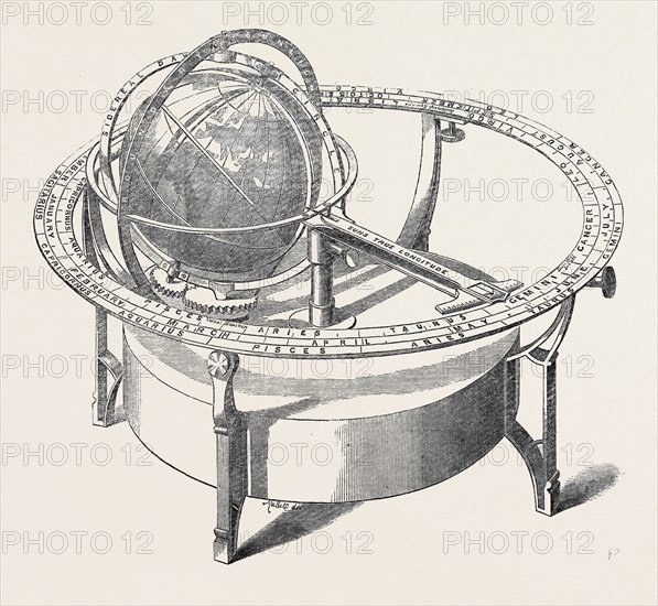 TELLURION GLOBE FOR EXHIBITING THE DIURNAL AND ANNUAL MOTIONS OF THE EARTH AND ITS POSITIONS WITH REGARD TO THE SUN. INVENTED BY MR. J.L. NAISH, OF BRIGHTON, UK, 1866